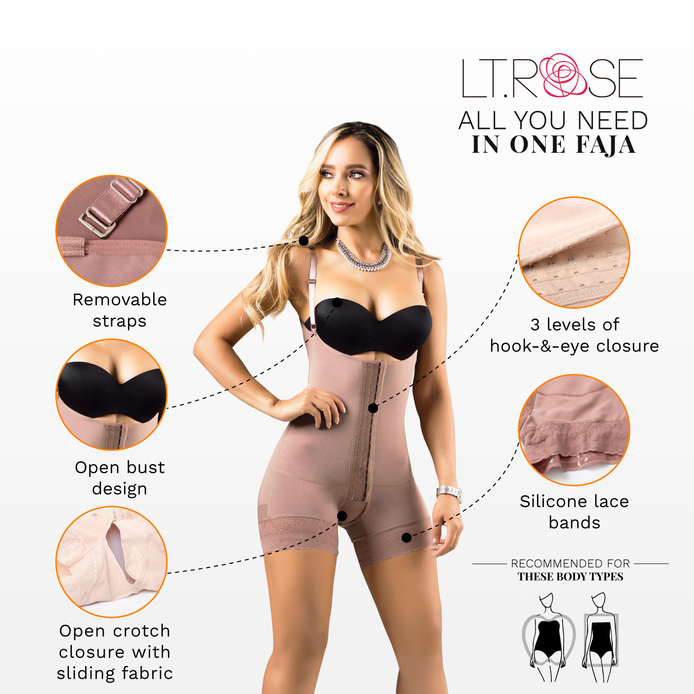 LT.Rose 21113 - Open Bust Mid Thighs Butt-Lifting Girdle with Adjustable Straps