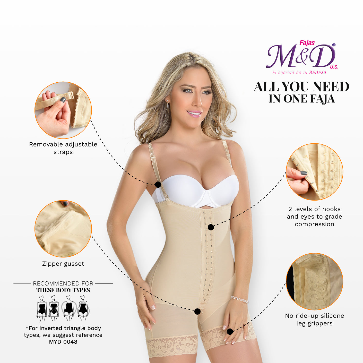 Fajas MYD 0066 - Women's Strapless Mid Thigh Body Shaper