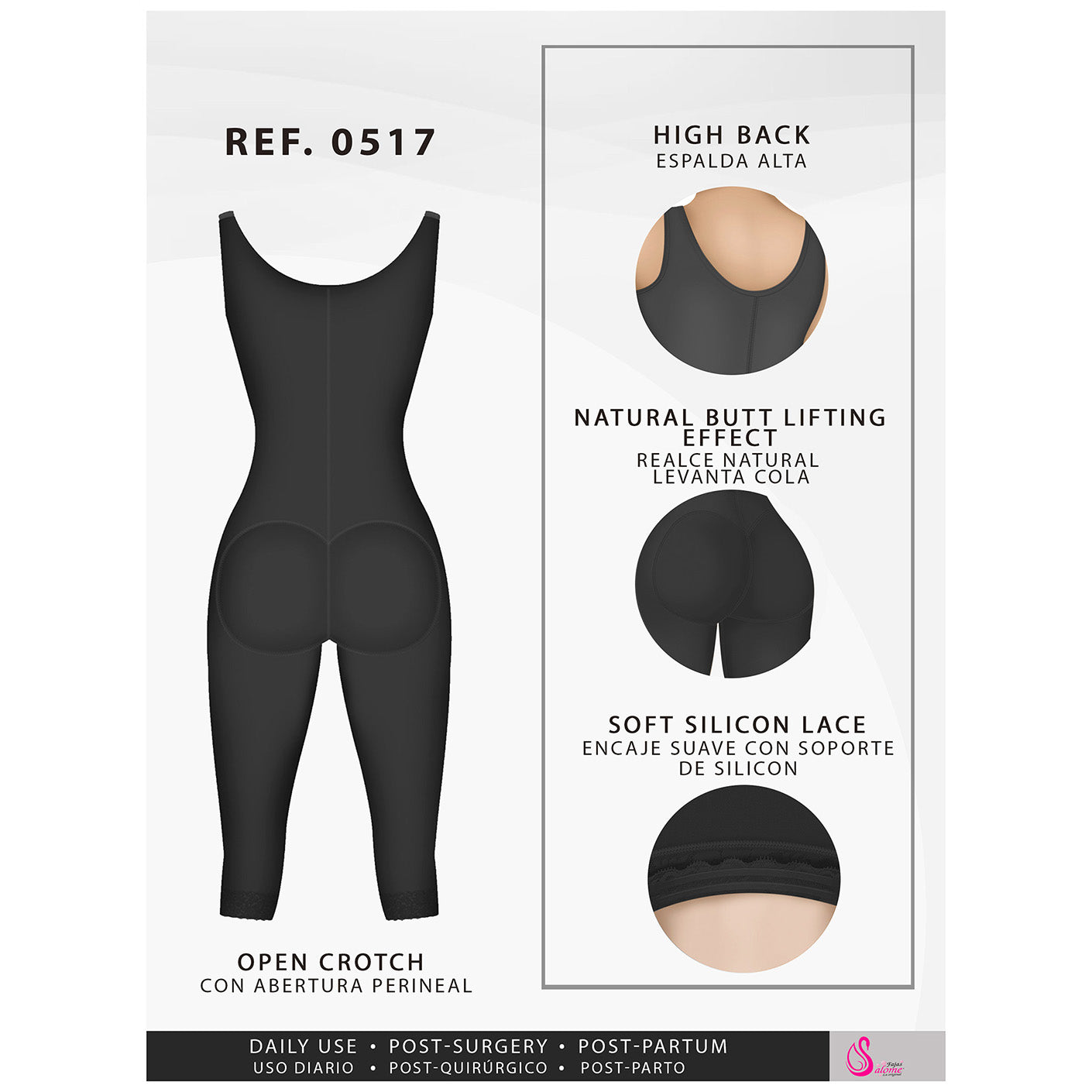 Fajas Salome 0517 - Women's Post Surgery Stage 1 Butt Lifter Full Bodysuit