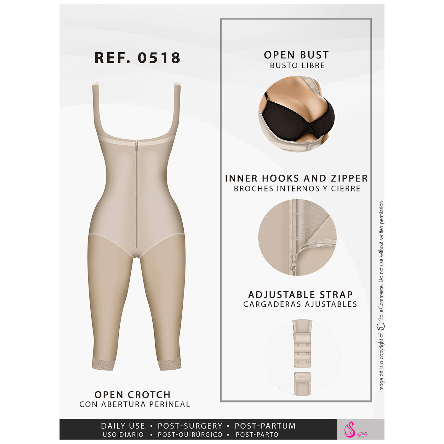 Fajas Salome 0518 - Women's Stage 1 Post Surgery Bodysuit | Knee Length Full Body Shaper