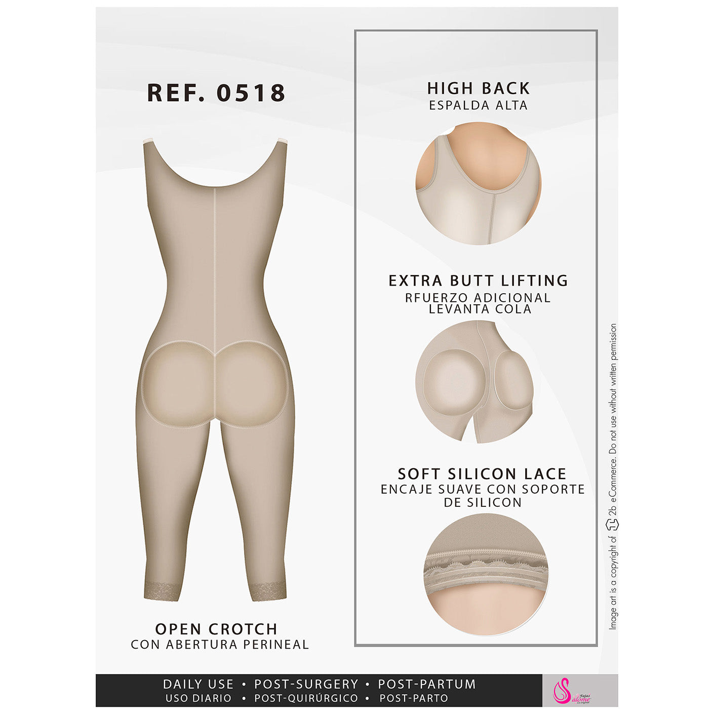 Fajas Salome 0518 - Women's Stage 1 Post Surgery Bodysuit | Knee Length Full Body Shaper