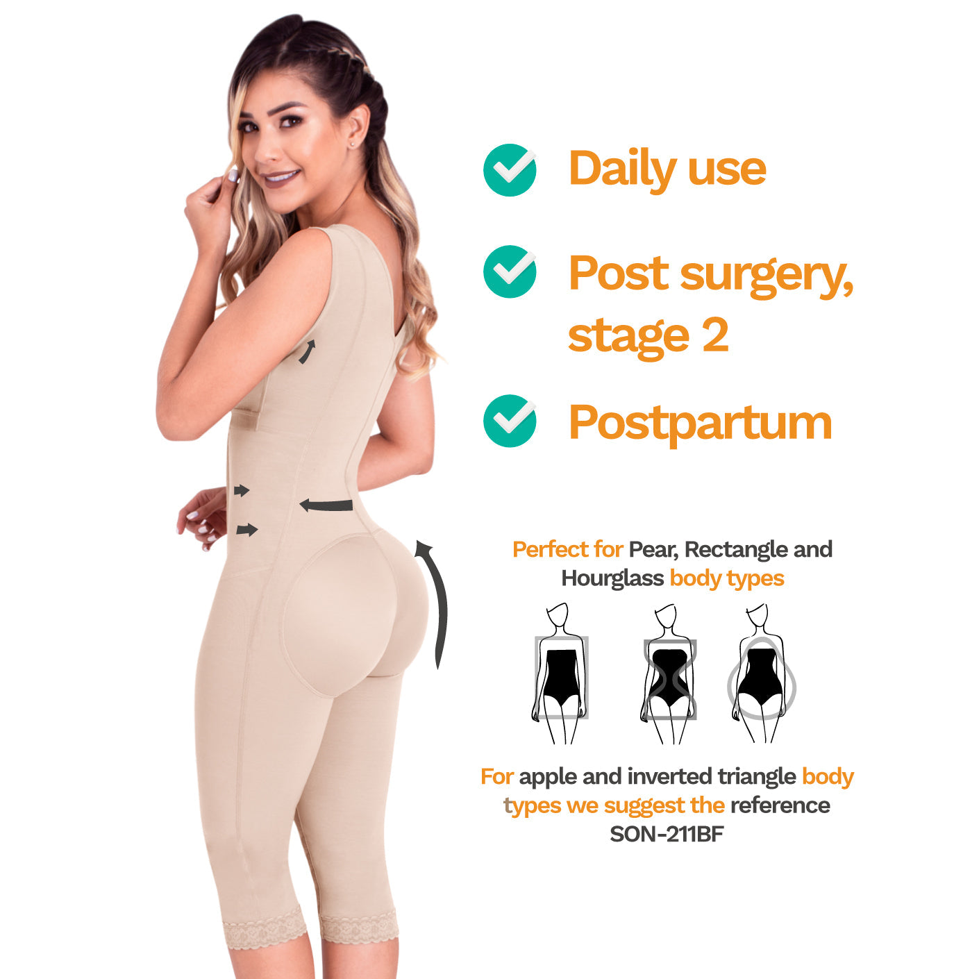 SONRYSE 052 - Colombian Full Body Shaper for Post Surgery with Built-in Bra