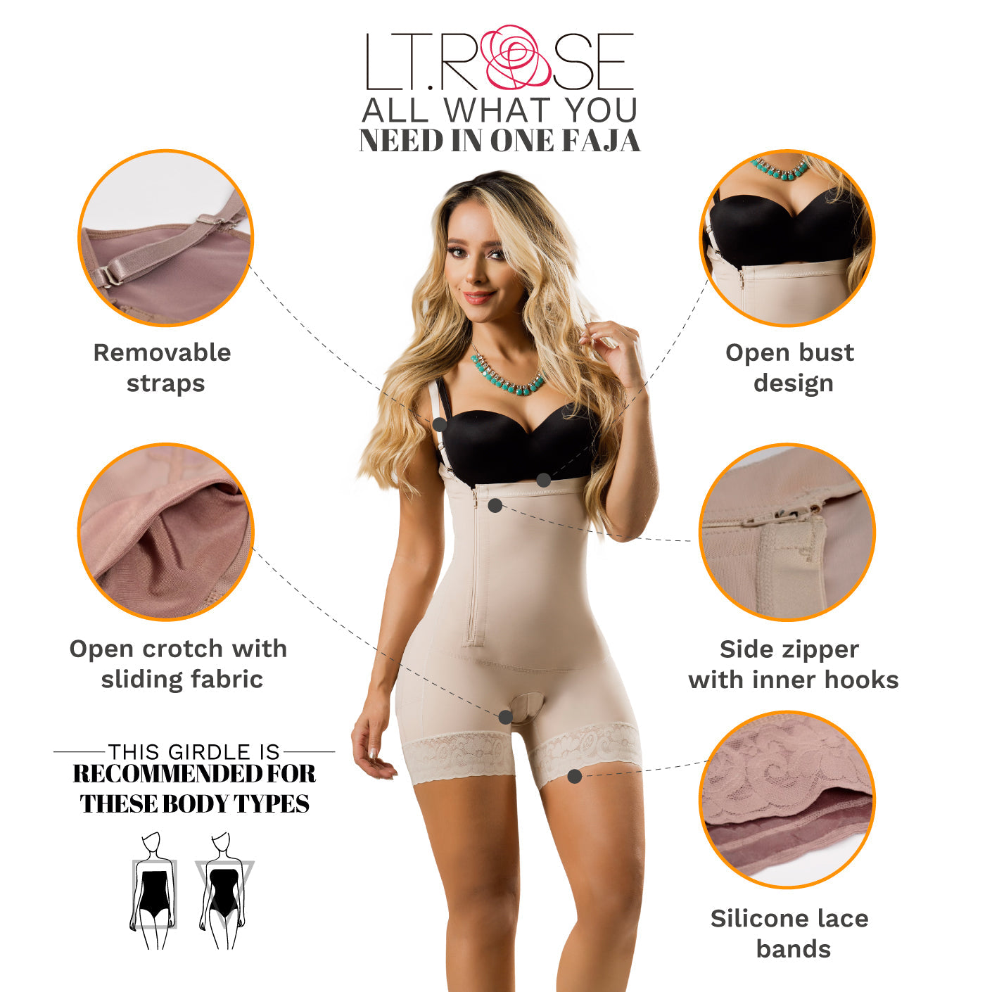 LT.Rose 21111 - Open Bust Butt Lifting Colombian Shapewear for Women - Everyday Use & Postpartum